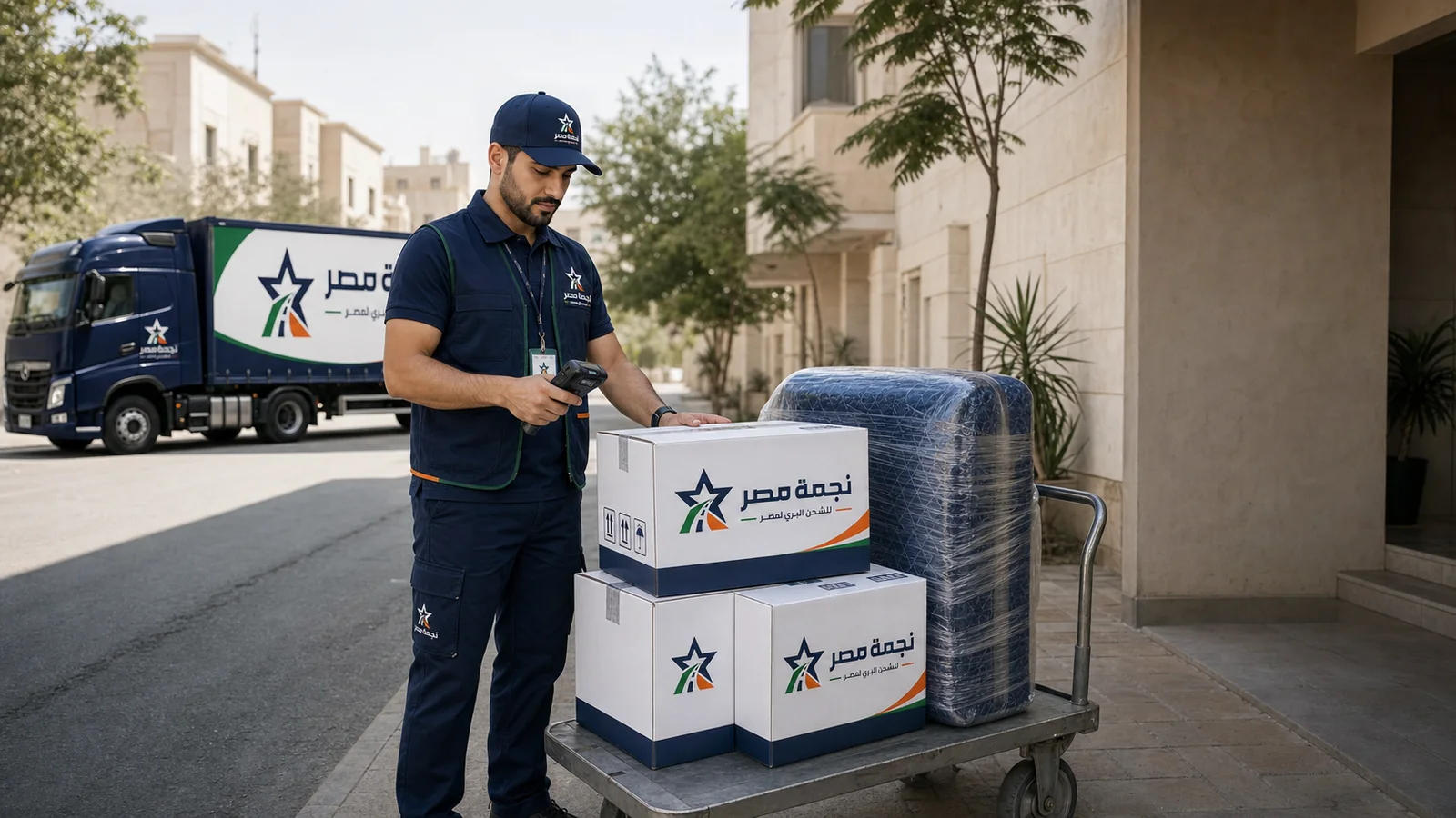 مندوب نجمة مصر يسجل كرتونة رسمية بجهاز مسح أمام مبنى سكني في الحوية وشاحنة الشركة بالخلف